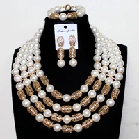 dudo imitation white pearls jewelry set gold necklace set 4 layers african jewellery set for nigerian weddings