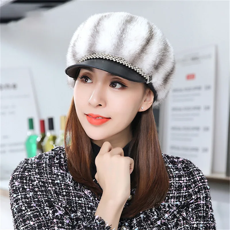 Autumn Winter Natural Fur Caps Real Mink  Hats Stylish Warm Female Hat Mink Splicing With Eaves Blocking Snow Fur Cap