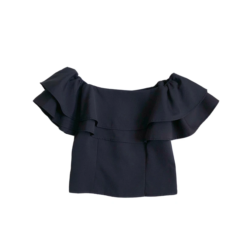 

2021 Autumn and Winter New Sweet Small Fresh One-shoulder Strapless Ruffled Slim Short Shirt Top Women