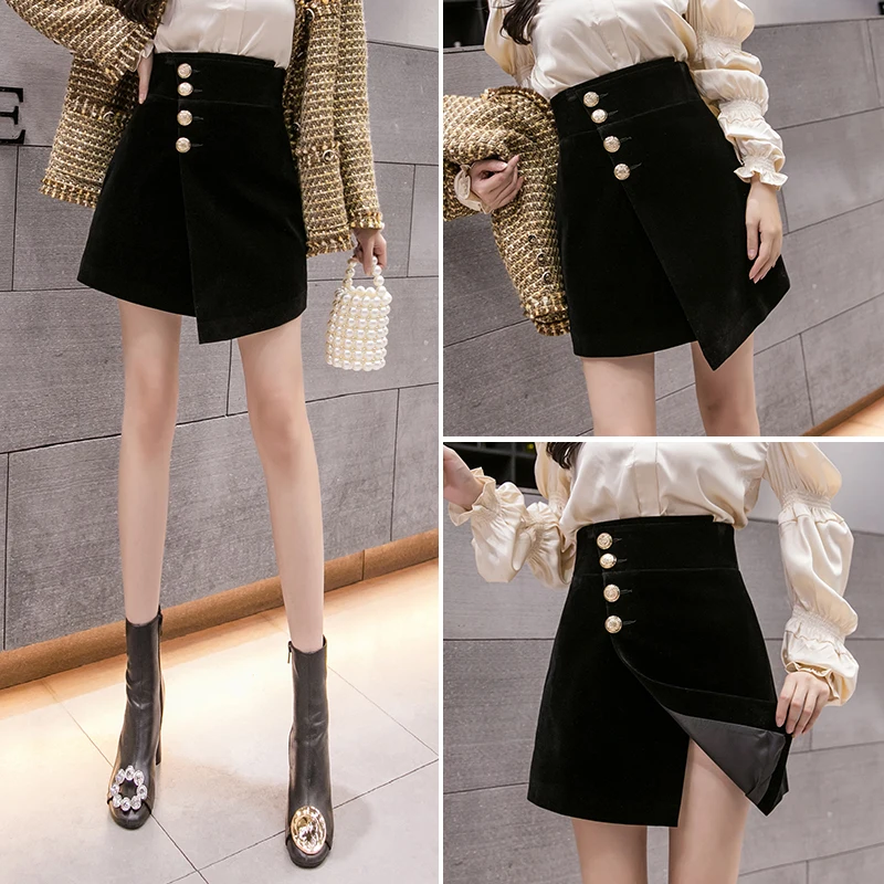 

2020 Autumn Winter Velvet Skirt Women Short Skirt Mini Harajuku Side Button Split Irregular Skirts Office Ladies Jupe Femme Saia