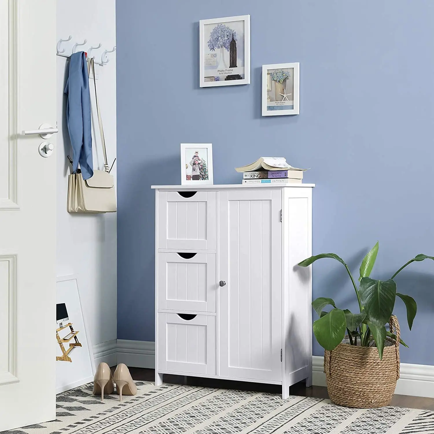 

Bathroom Storage Cabinet, White Floor Cabinet With 3 Large Drawers And 1 Adjustable Shelf