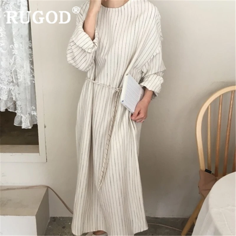 RUGOD 2019 новый осенний полосатый женское платье Круглая горловина на шнуровке