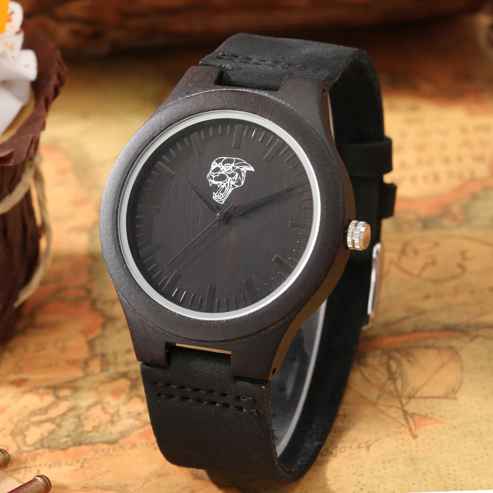 

Men's Watch High End Black Wood Wristwatch Minimalist Tiger Head Quartz Dial Practical Leather Band Birthday Gift For Friends
