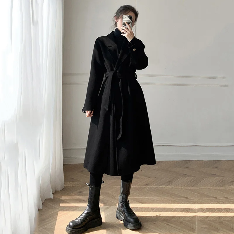 

Black Loose Fit Big Size Warm Long Woolen Coat Parkas New Lapel Long Sleeve Women Fashion Tide Autumn Winter 2021 1DD1121