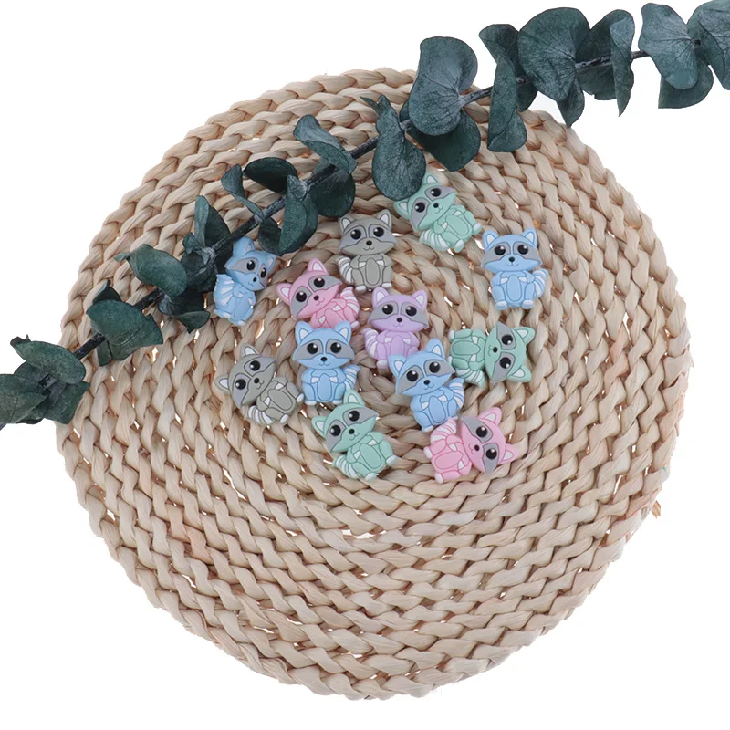 Collar de dentici&oacute;n de grado alimenticio para beb&eacute;, Mini mordedor de mapache con cuentas de silicona, soporte sensorial para chupete, accesorios de cadena, juguete de ducha, 10 Uds.-2