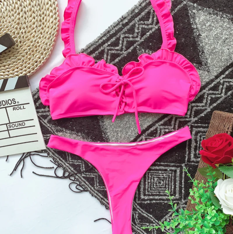 

Solid Color High Waist Swimsuit With Ruffled Straps Swimsuit Suit Female Two Piece Bikini