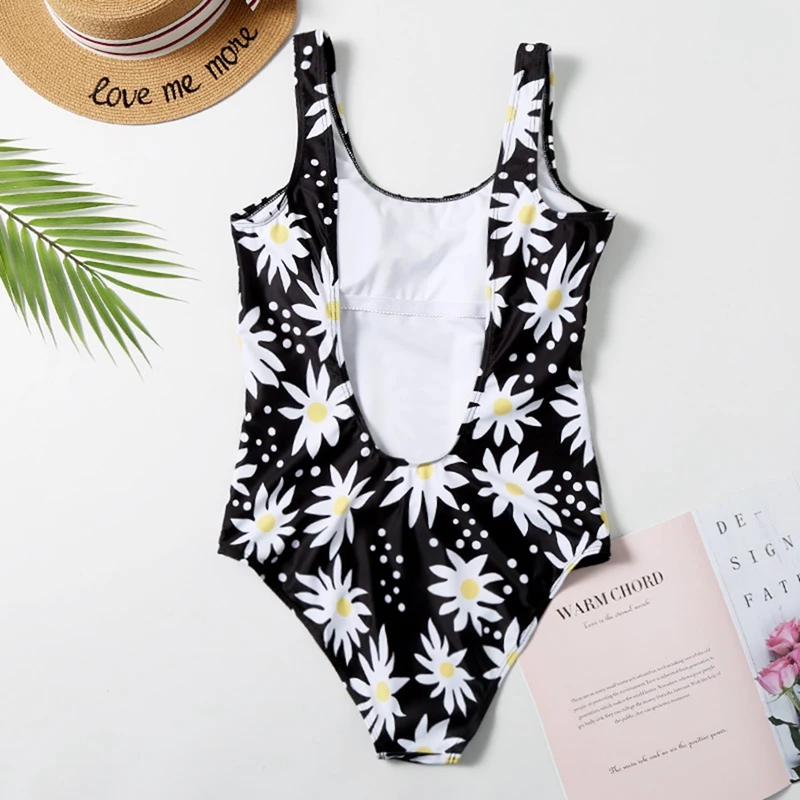 

Female Printed Ladies One-Piece Sunflower Swimsuit Halter One-Piece Swimsuit Black