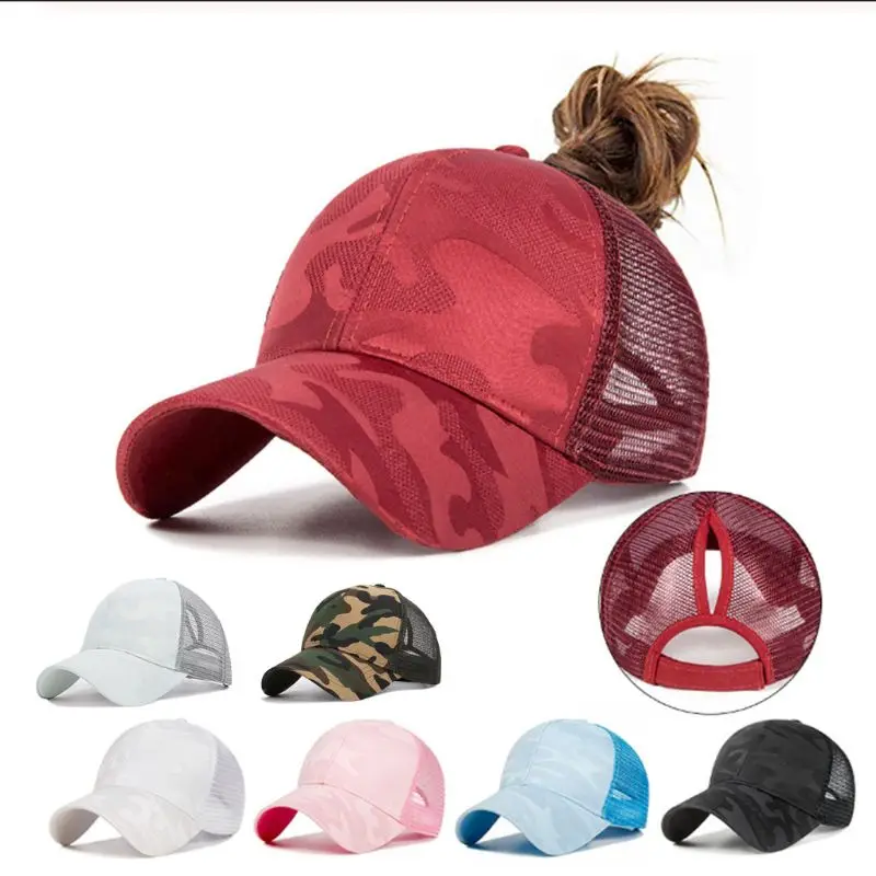 

Womens Summer Trendy Ponytail Messy Bun Baseball Cap Hip Hop Camouflage Jacquard Breathable Mesh Back Adjustable Snapback
