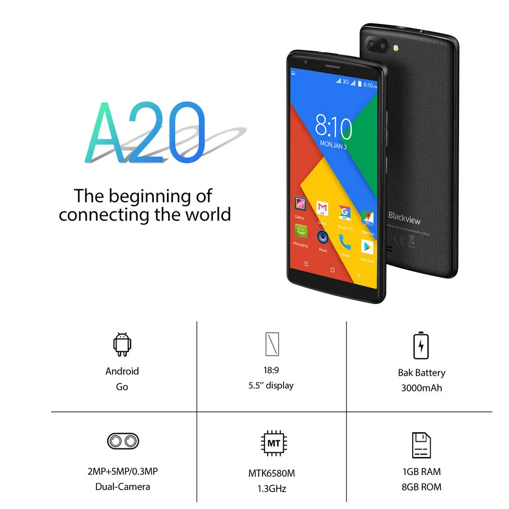Blackview A20 смартфон 5," 1 Гб+ 8 Гб MTK6580M четырехъядерный Android GO 18:9 экран 3G Две sim-карты модный тонкий мобильный телефон