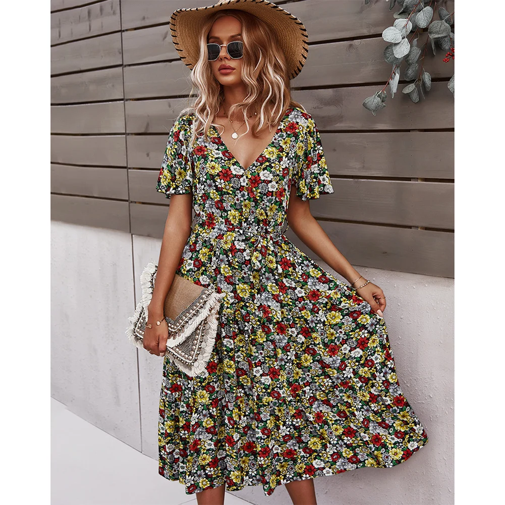 

Women's Floral Print Dress Short Sleeve High Waist V-Neck Flowy Dress for Party Beach Summer MAEA99
