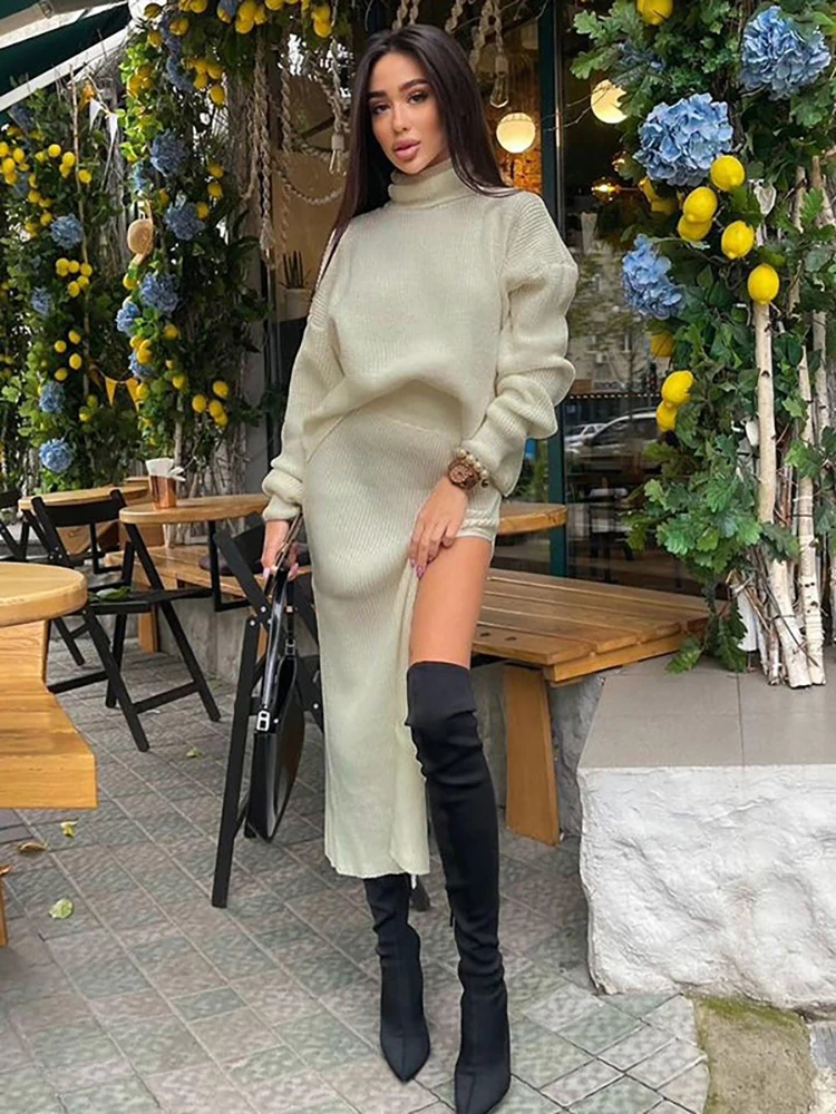 

Tinastyle Knit Two Piece Set Women High Split Maxi Dress Turtle-neck Loose Sweater Set 2021 Autumn Casual Outfits Matching Sets