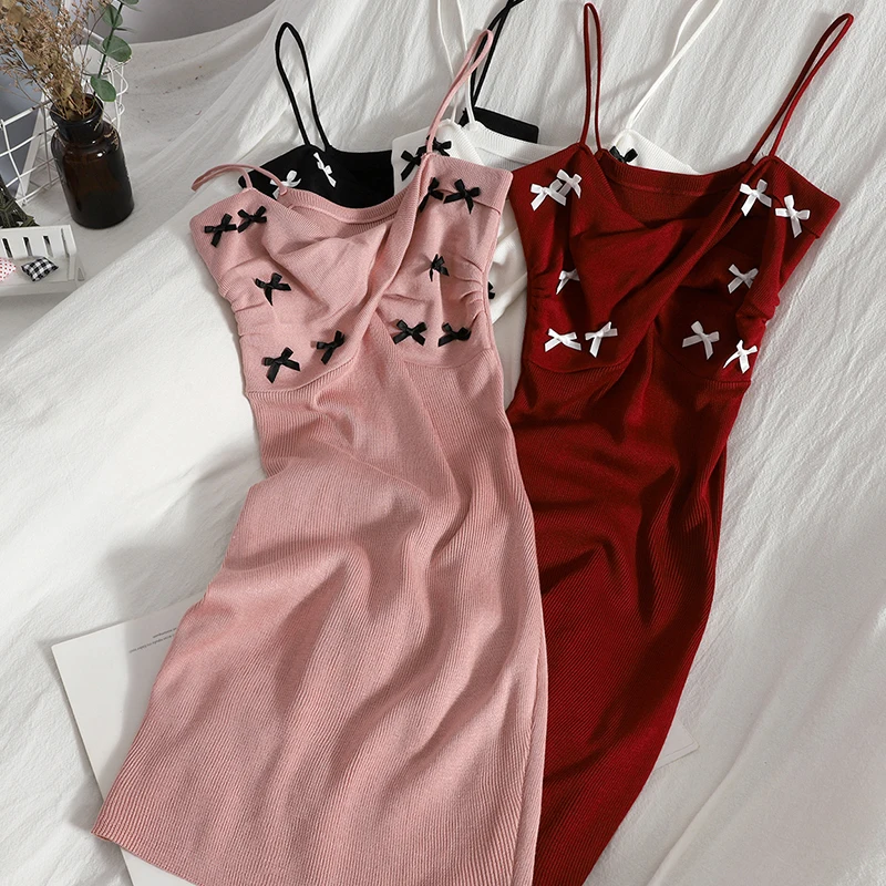 

2021 Spring Summer Girl Bowknot Tank Dress Female Sheath Camisole Sleeveless Mini Dresses For Women Real Photos