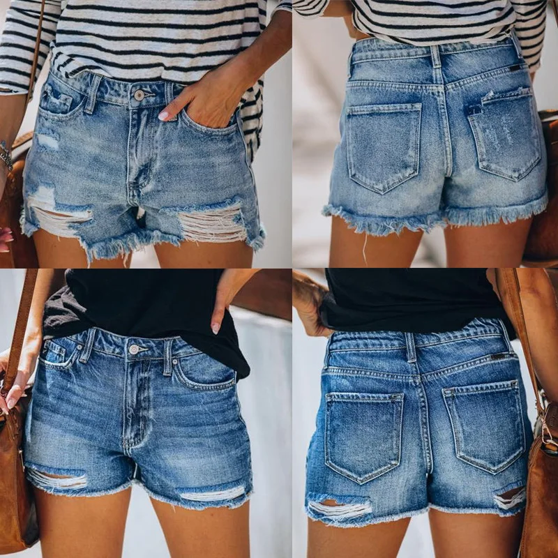 

Straight cut jeans with water wash and torn zipper are versatile denim woman fitted cotton shorts