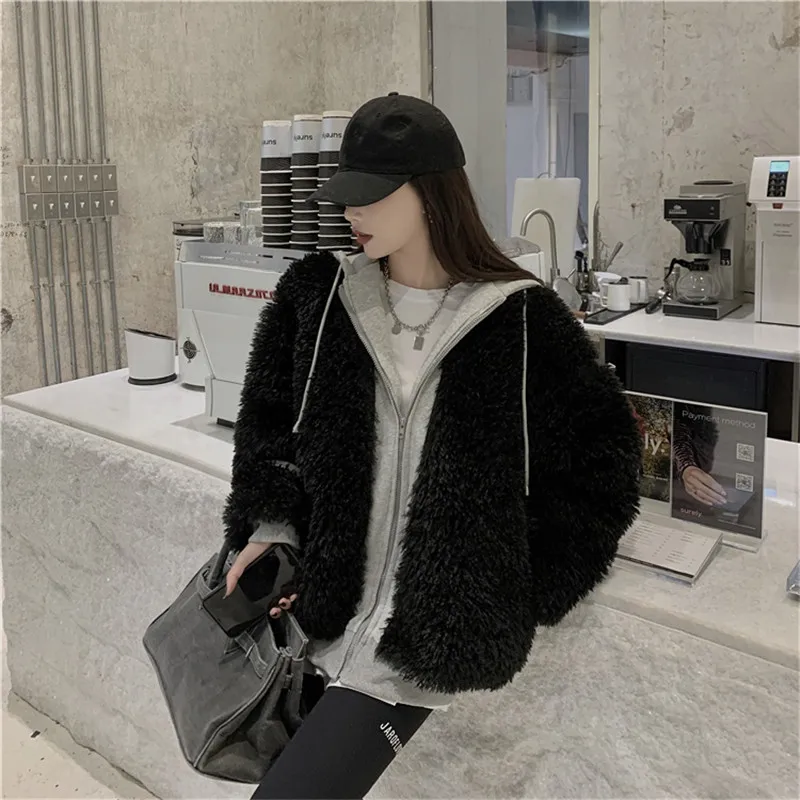 

Fashion stitching fake two-piece coat hooded drawstring wool cardigan parkas warm winter coat