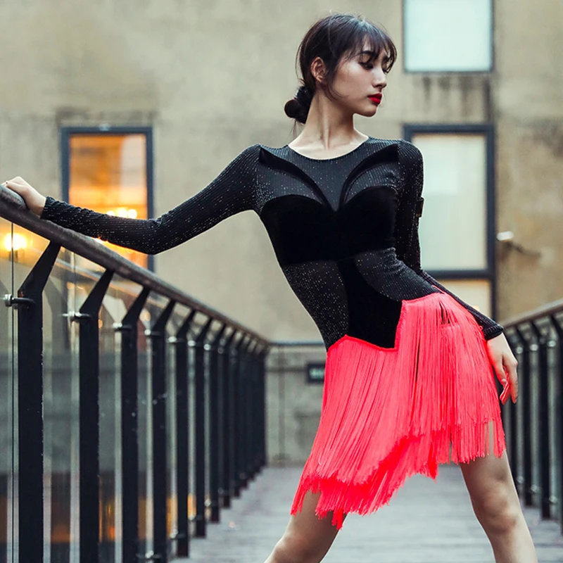 Женское платье для латиноамериканских танцев соблазнительное с длинным рукавом