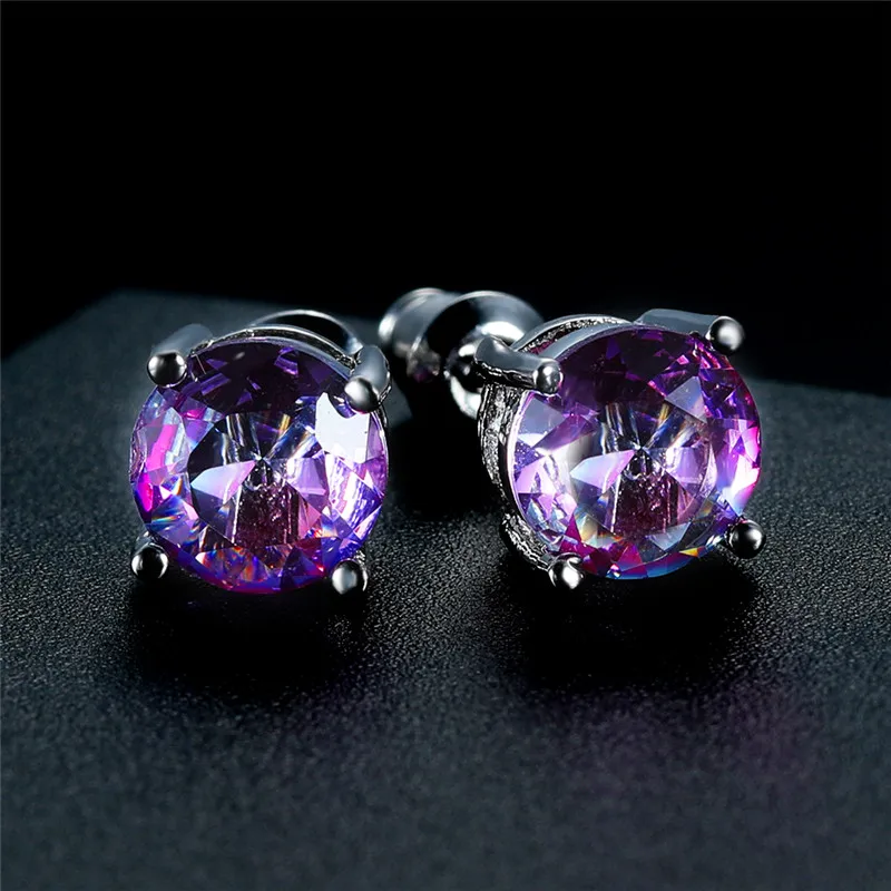 Purple Pink Earrings Круглый Мистический Огонь кристалл клипсы с камнем Серьги для женщин мужчин 925 Серебряный Цвет Радуга синий зеленый циркониевый Двойные серьги свадьба - Окраска металла: Purple Pink Earrings