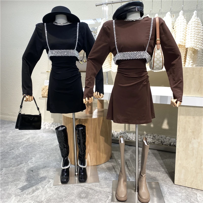 

Новинка 2021, модное платье-футболка с круглым вырезом и длинным рукавом и вырезами на спине + Блестящий жилет для тяжелой промышленности