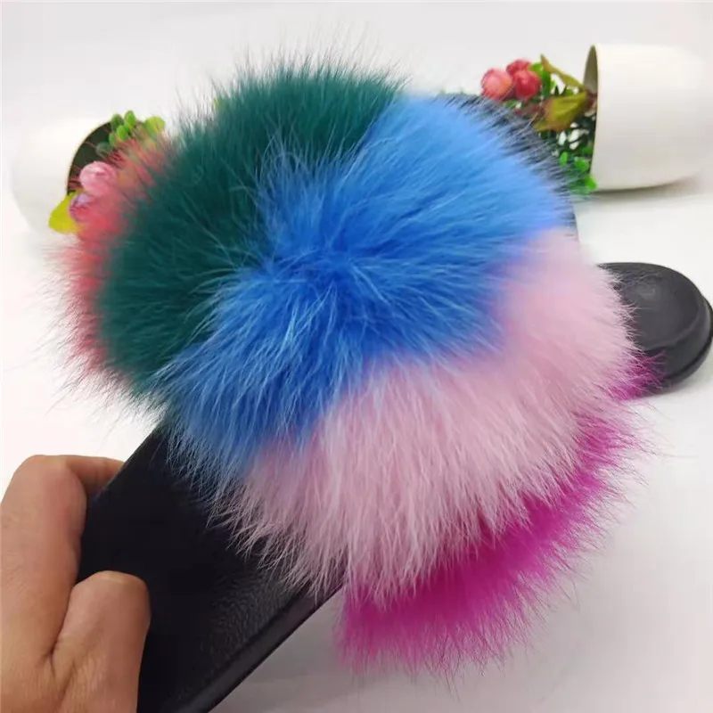 Женские зимние пушистые тапочки женские натуральным лисьим мехом Шлепанцы без