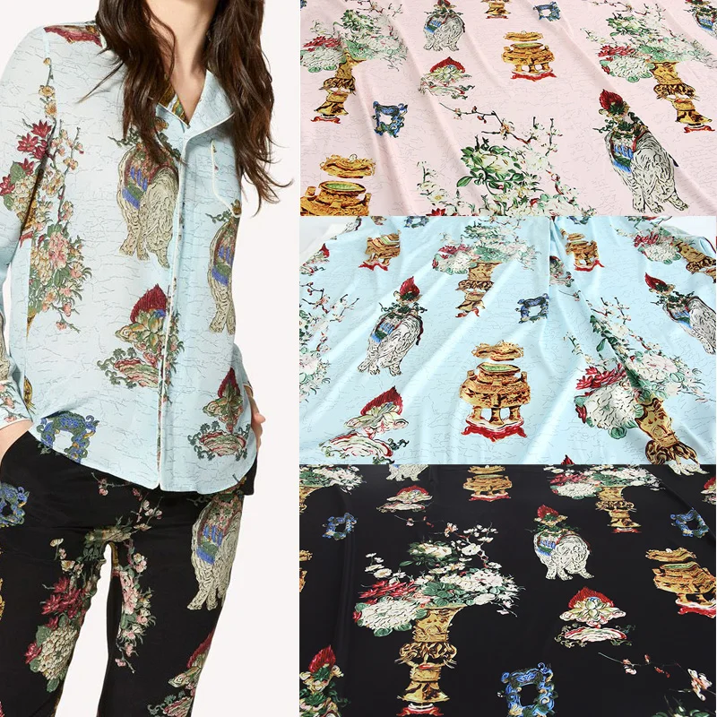 

Модная винтажная ваза с принтом имитация шелка атласная Ткань для женщин Блузка Платье Брюки Пижама Stoffa Tuch Tela Ткань для рукоделия