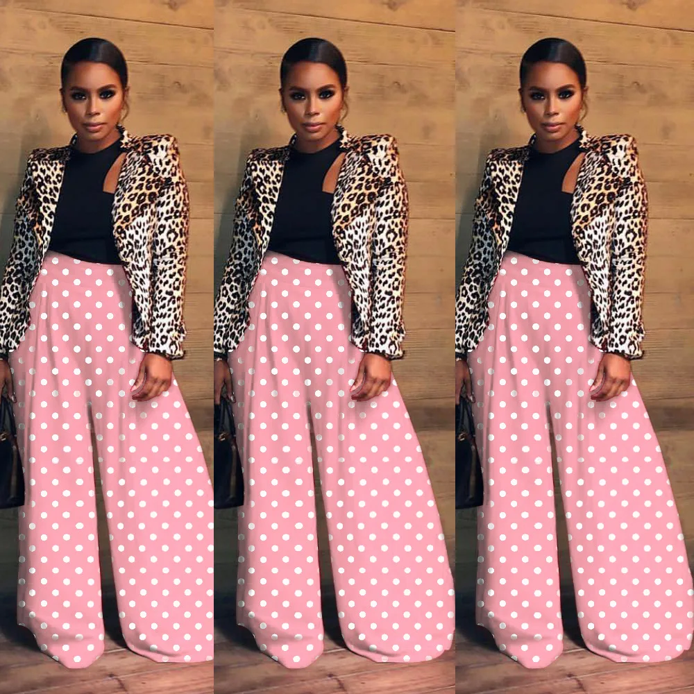 

Casual Sexy Trousers Mid Waist Dot Print High Waist Wide Leg Loose Pants Women Sweet Streetwear Office Lady Pantalon Femme
