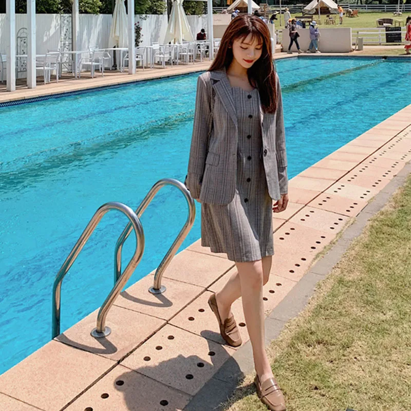 

Spring Autumn Blazer and Sleevesless Dresses Set For Girls Button Up Plaid Loose Suit Blazer Sets Female Outwear S0D12C