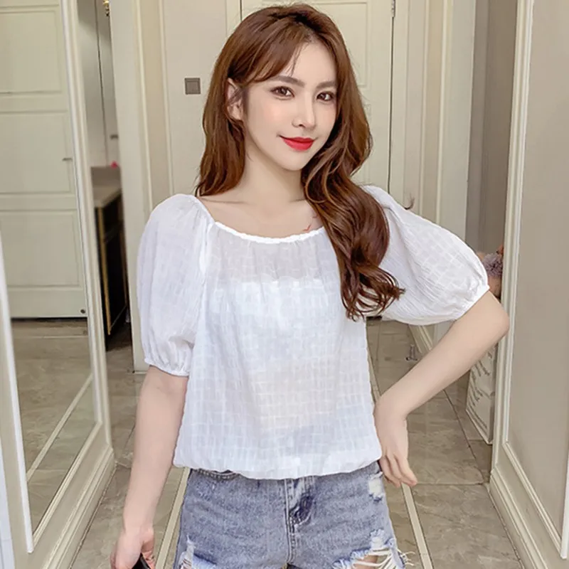 Летняя женская футболка с пышным рукавом коротким шифоновая элегантные женские