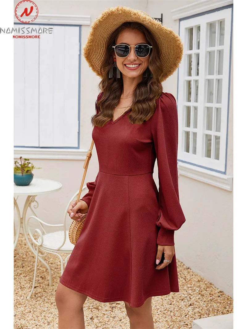 

Fashion Women Solid Color A-Line Dress Patchwork Design V-Neck Long Sleeve Mid Waist Spring Autumn Slim Pullovers Dress