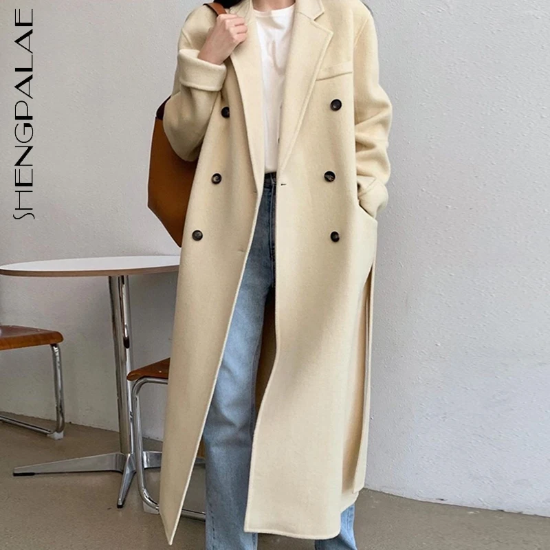 

SHENGPALAE Fashion Solid Color Woolen Coat Women's Winter 2021 New Lapel Loose Double Breasted Long Sleeve Overcoat Female Tide