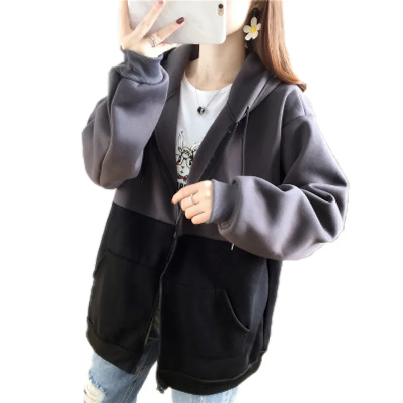 

Add velvet thick hooded sweater female Korean female students in autumn and winter 2020 Harajuku loose zipper coat female tide