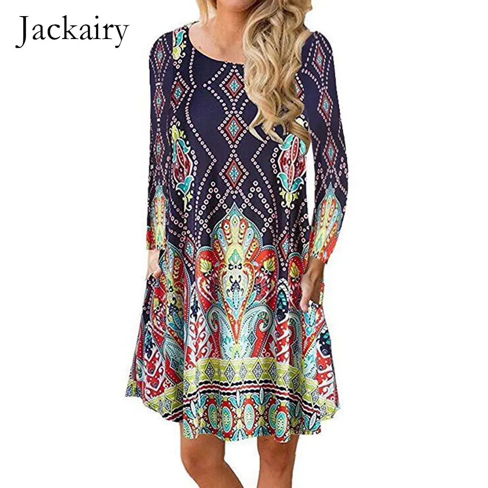 Женское платье трапеция с длинным рукавом и цветочным принтом повседневные