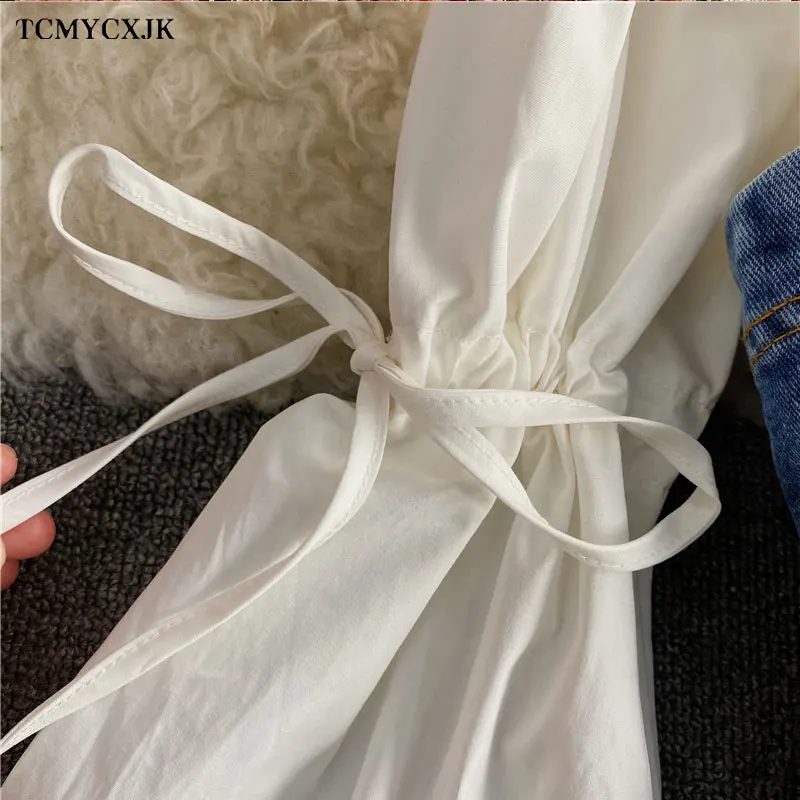 

2021 Summer Korean Elegant Women 2 piece set Blouse + Sashes Slim Demin Vest Tie Puff Sleeve Ruffle Turn-down Collar Blouse Sets
