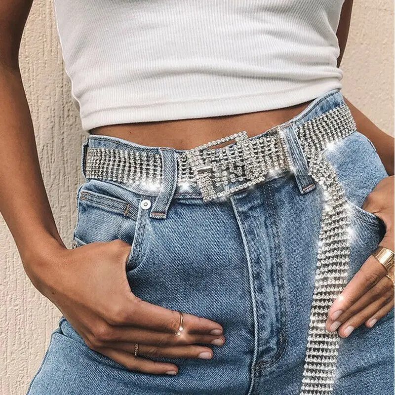 Ремень женский блестящий цепочка на талию из сплава со стразами все стразы для