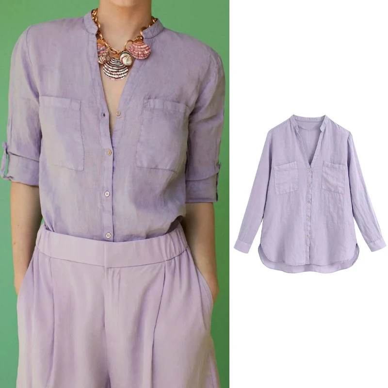 

Женская рубашка PPYQYKX Za 2021, женские блузки, модная однотонная Осенняя рубашка с карманами, ретро повседневный топ с V-образным вырезом и длинн...