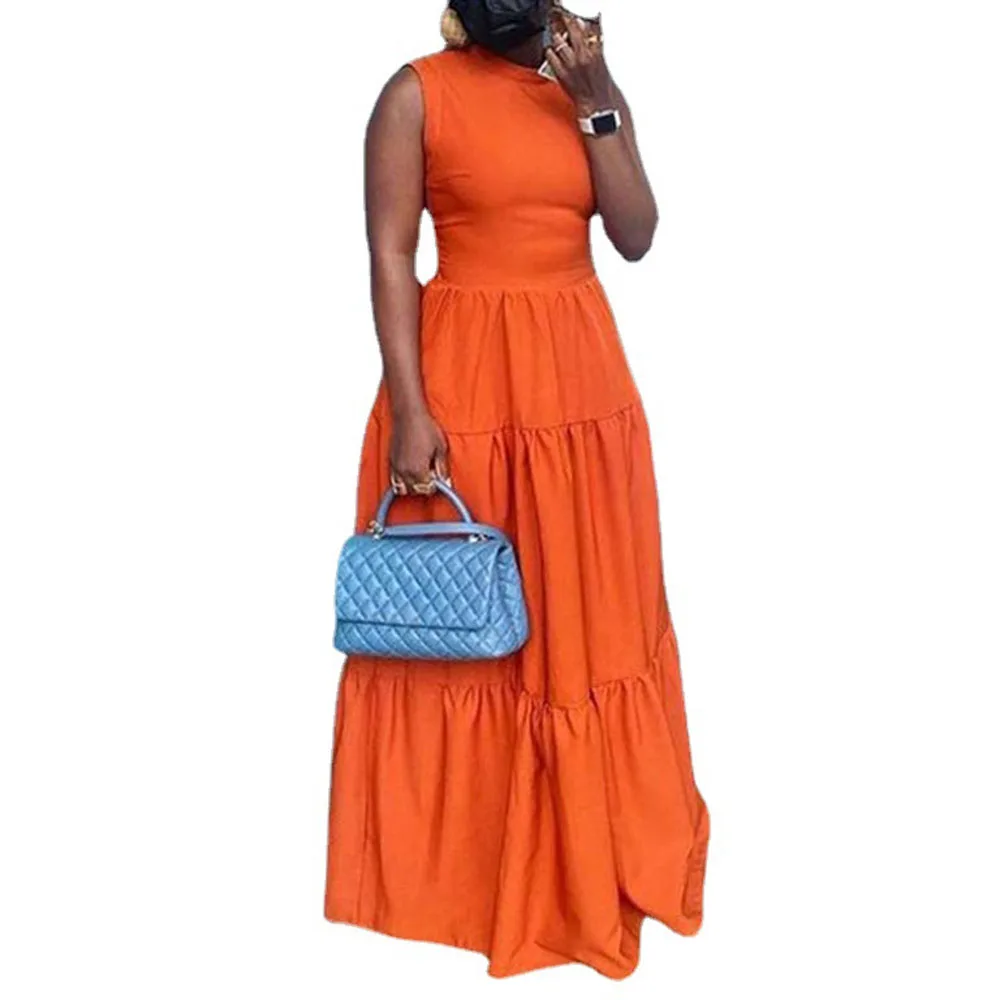 

Europe America New 2021 Temperament Commute Round Neck Sleeveless Solid Color Long Women's Dress African Casual Summer