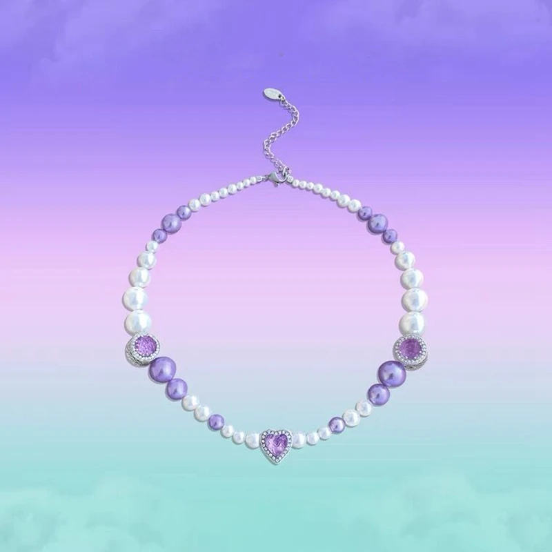 

MENGJIQIAO Fashion Elegant Purple Pearl Heart Choker For Women Ladies Fashion Rhinestone Necklace Party Jewelry Gifts
