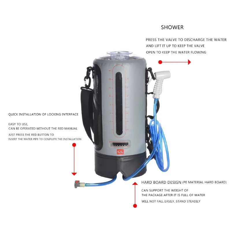 

T4MF 12L Portable Solar Heating Camping Shower Bag with Pressure Foot Pump and Shower Head for Hiking Travel Bathing Bag