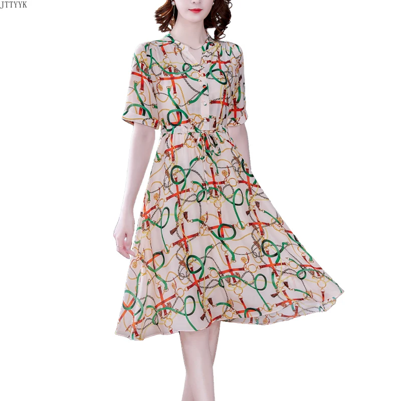 

Summer Short Sleeve Dress Women Vintage Plus Size Print Silk Dress Women Elegant Floral Chiffon Beach Midi Dress Party Vestidos