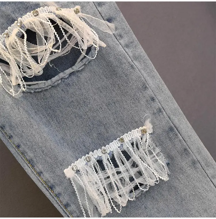 

2021 Spring Summer Women Ripped Jeans New High Waist Loose Slimming Denim Pants European Diamond Tassel Straight-Leg Trousers