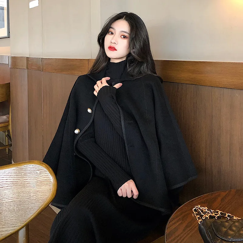 

Autumn And Winter Long-Sleeved Knitted Black Dress With Hepburn Style Two-Piece Suit