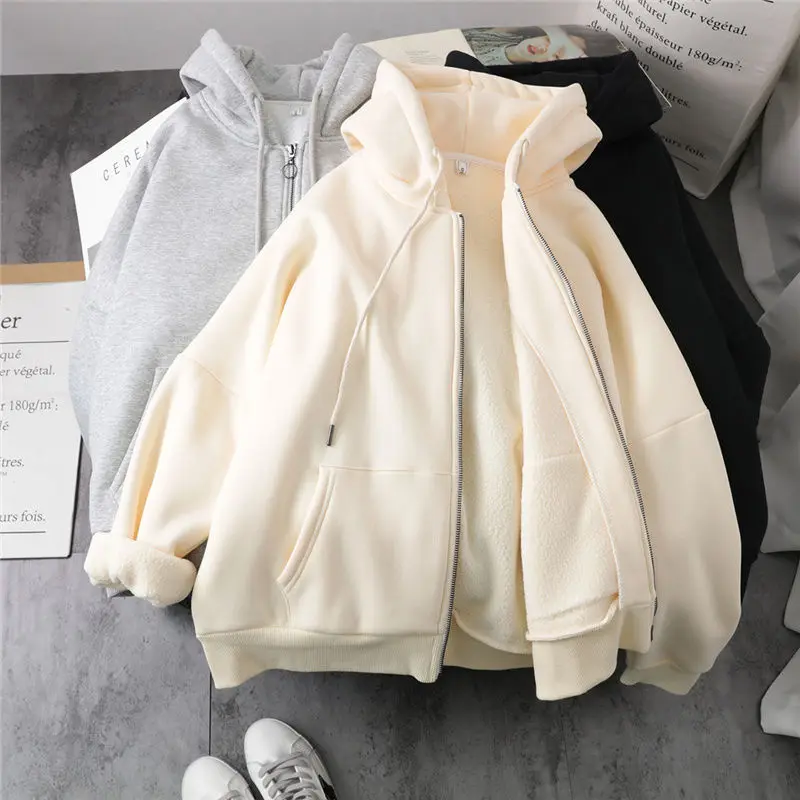 

Lazy Plush and Thick Zip-up Autumn And Winter Fashion Women Sweatshirt hoodie coat Korean Soild Color Long Sleeve Female