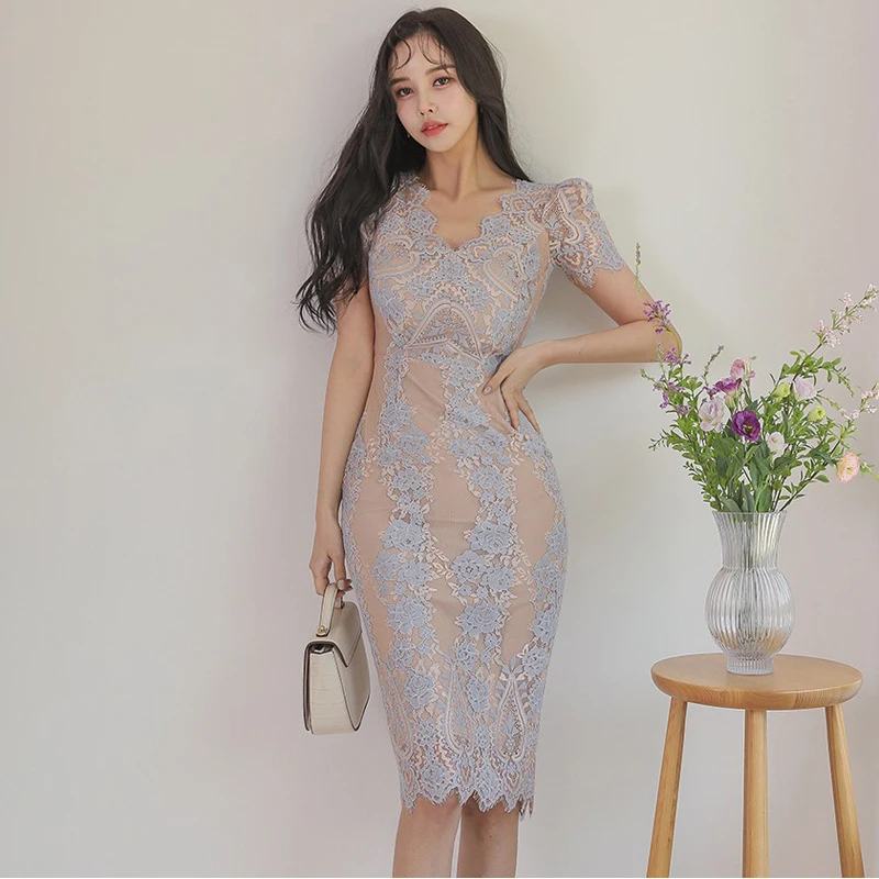 

Женское кружевное платье-карандаш, летнее винтажное облегающее платье с V-образным вырезом, коротким рукавом и вышивкой, женское платье-мид...