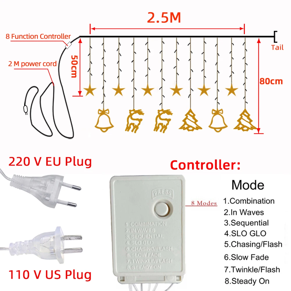 

2.5M Led Christmas paragraph/Sika deer/Star/Bell Fairy fairy string curtain lights for Wedding home garden party Holiday decor