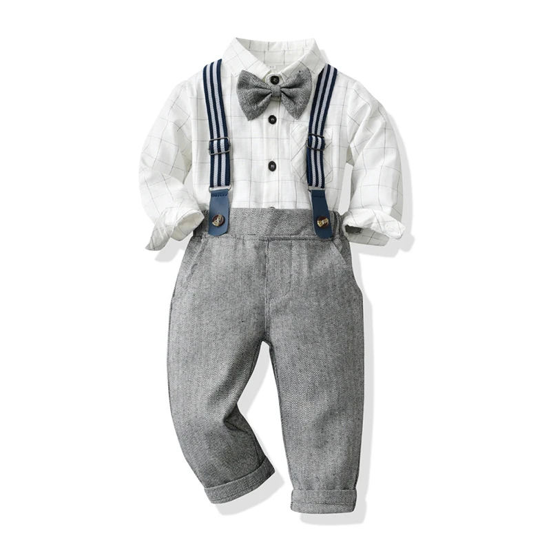 

Toddler Baby Clothes Set for Boy Solid Bow Cotton Shirt+Plaid Overalls Suit 2022 Spring Autumn Long Sleeve Children's Clothing