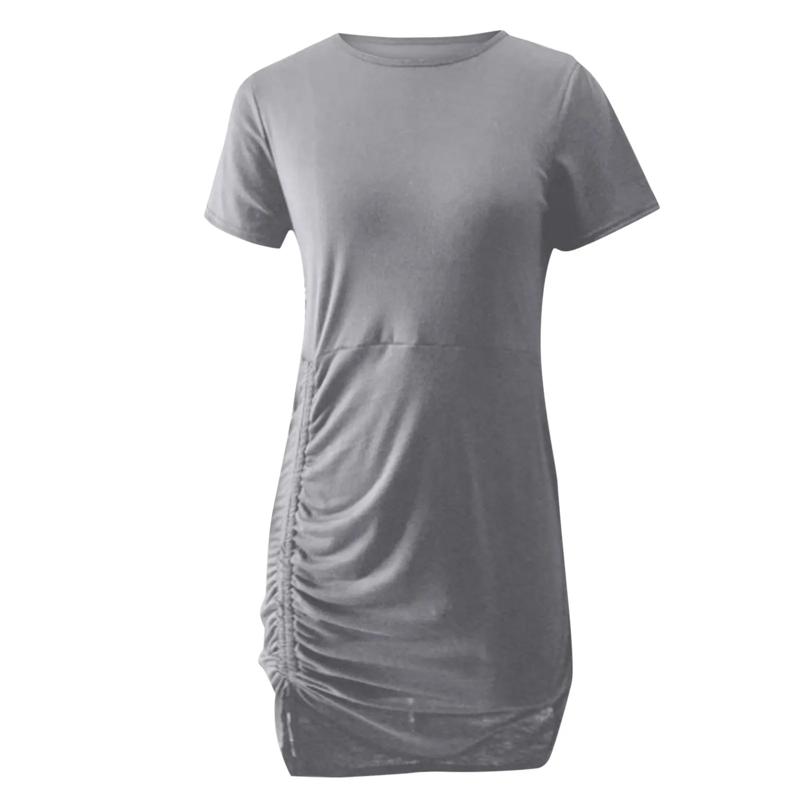 

Women's Summer Solid Color Short Sleeve O-neck Pleated Slit Bag Hip Sexy Dress Ladies Elegant Shirring Mini Dress