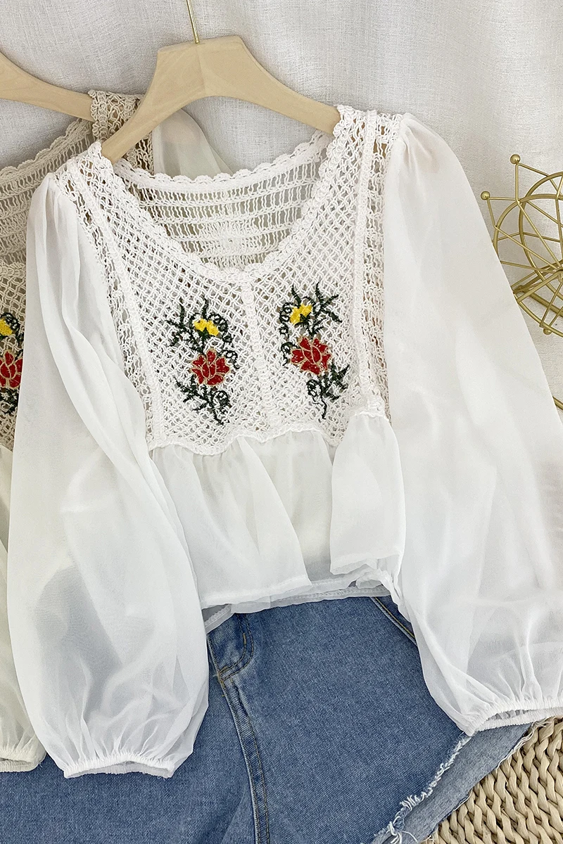 

Embroidery Floral Chiffon Blouse Woman Puff Sleeve Slim Ruffle Knitting Tops Female Long Sleeve Shirts Summer Streetwear