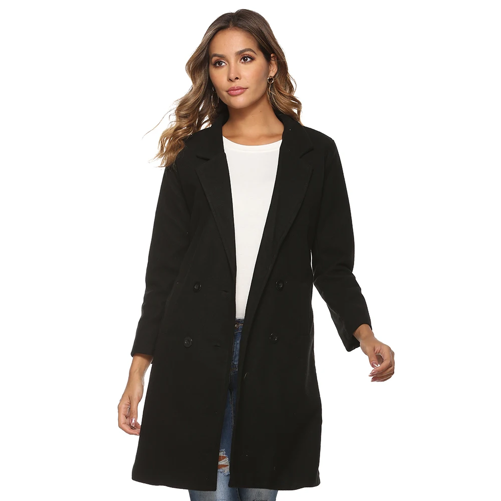 Женское осенне зимнее шерстяное пальто с длинным рукавом и отложным