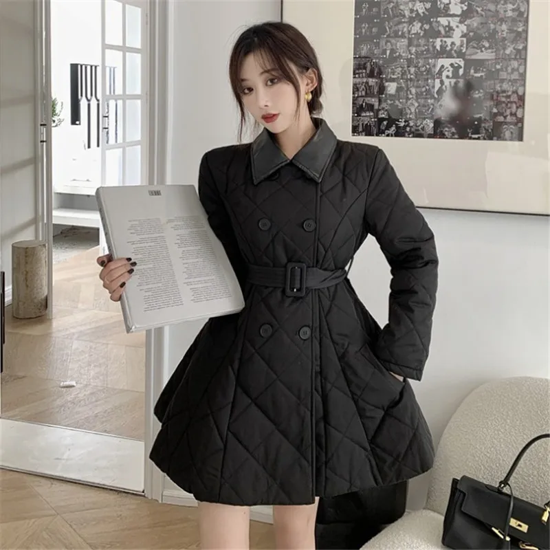 

2021 Autumn Winter Fashion Streetwear Collar Patchwork Belted Padded Coat Women Warm Parka Outwear Double Breasted Lapel W070
