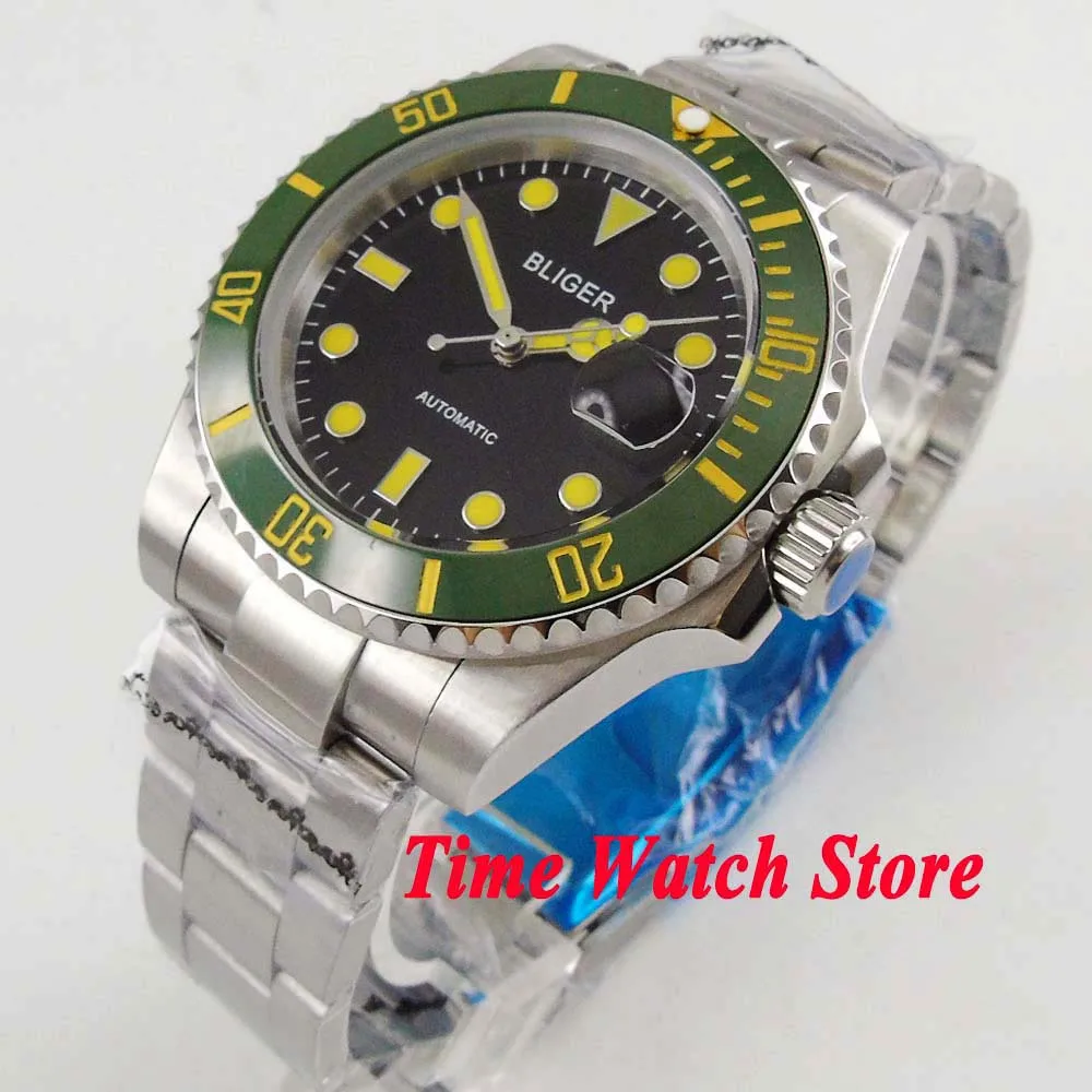 

Bliger 40mm Miyota 8215 Automatic men's watch sapphire glass Black dial yellow marks luminous ceramic bezel SS bracelet 286