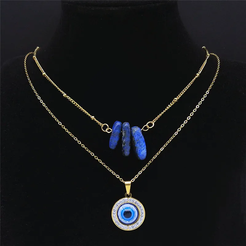 

2023 Stainless Steel Layered Necklace Turkey Eye Charm Necklace Gold Color Crystal Blue Natural Stone Necklaces Jewelry N8040S04