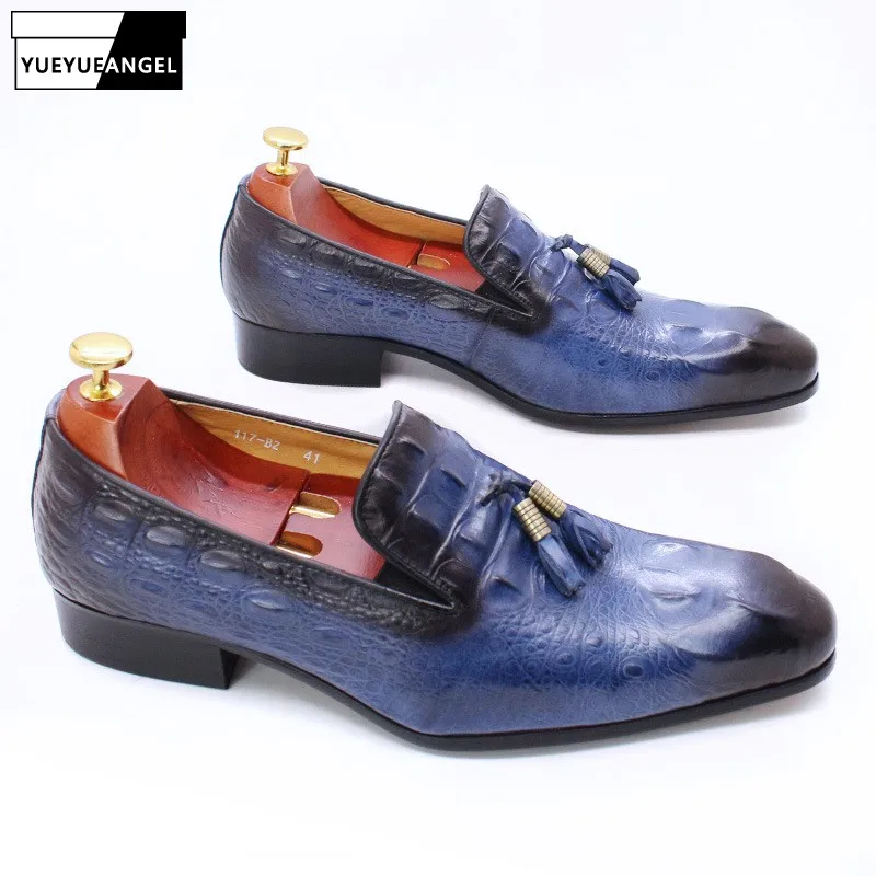 

Men Genuine Leather Casual Shoes Handmade Tassel Crocodile Print Loafers Luxury Wedding Party Dress Shoes Plus Size 47 Mocasines